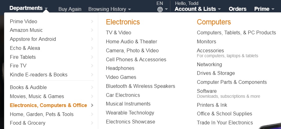 Amazon.com menu
